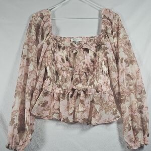 Francesca's Collections Pink Floral Smocked Blouse